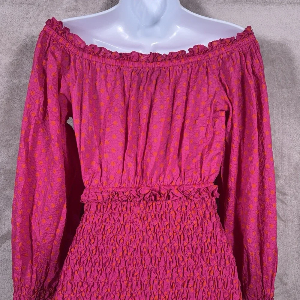 Alexis Marilena Smocked Dress Womens Small Pink Polka Dot Off Shoulder